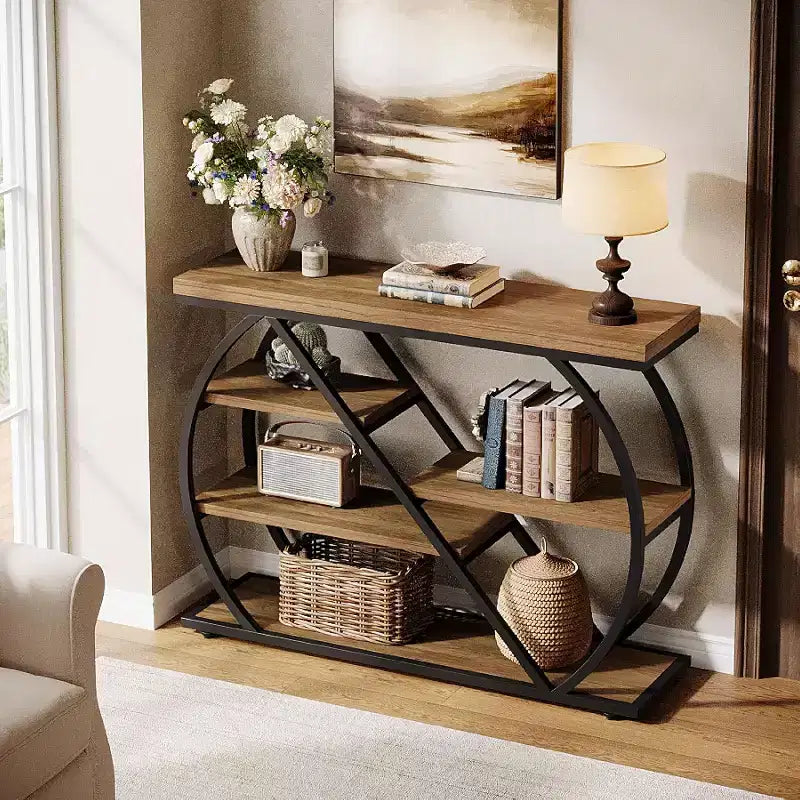 Lantine 41.3 Console Table, 5-Tier Industrial Entryway Table with Storage Shelves and Arched Metal Frame, Wood Hallway Table for Foyer