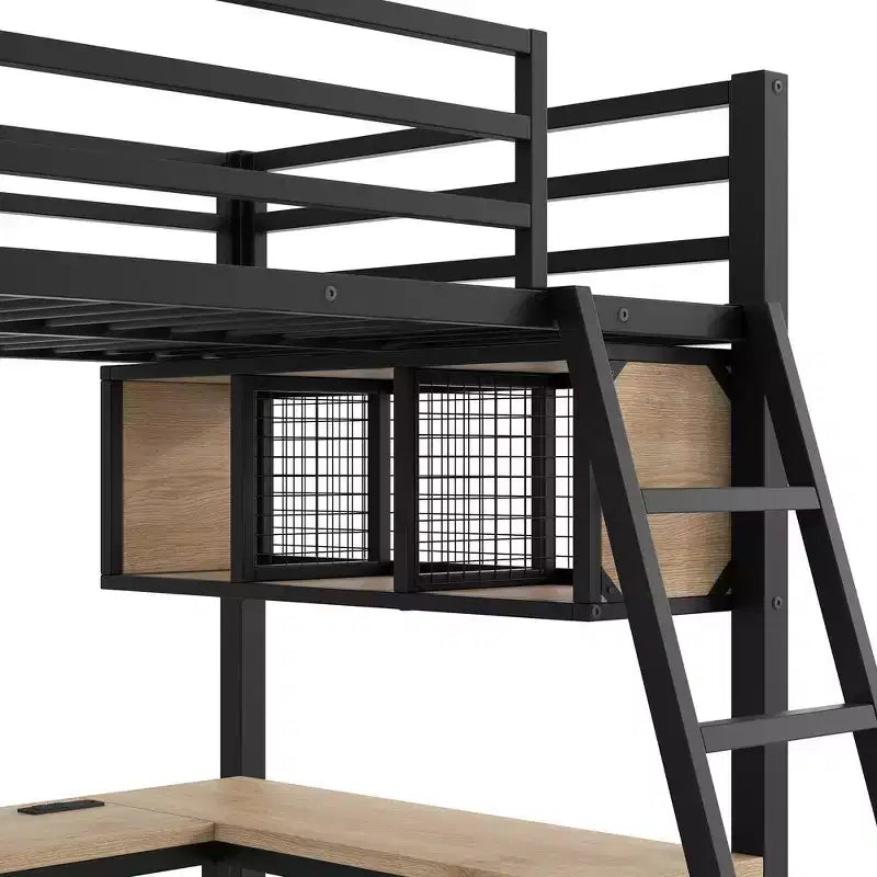 Twin Metal L-Shaped Loft Bed with Storage Shelves, 2 Built-in Desks - Black