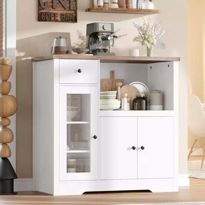 White & Walnut Kitchen Microwave Cabinet - 3-Door Pantry Storage Buffet with Adjustable Shelves for Dining Room, Living Room & Hallway
