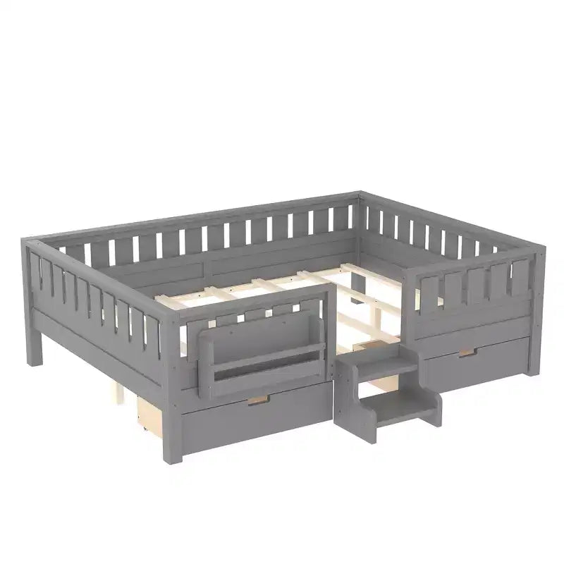 Bellemave Queen Size Toddler Bed with 14 Safety Guardrails, Space-saving Bed Frame with Built-in Bookshelves & 2 Under-Bed Storage Drawers