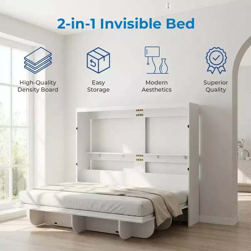 2-in-1 Invisible Murphy Bed with Shelf Storage, Queen Size, Natural Wood (Mattress Not Included)